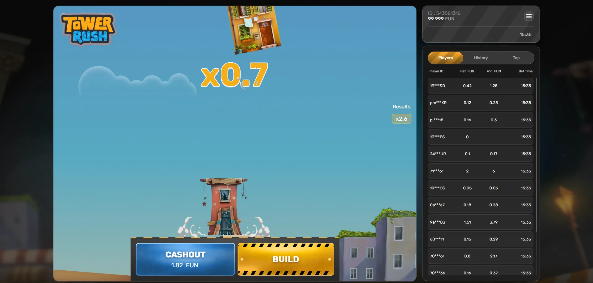 Tower Rush crash game overview — tower stacking mechanic by Galaxsys