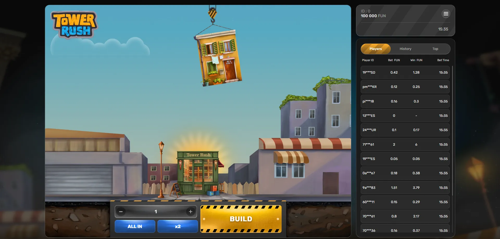 Tower Rush by Galaxsys — official crash game specs and overview